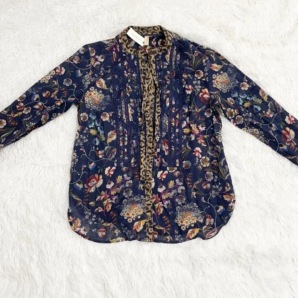 Women Anthropologie Pilcro Ladder Lace Floral Tunic Blouse in Navy Blue Small - Picture 10 of 14